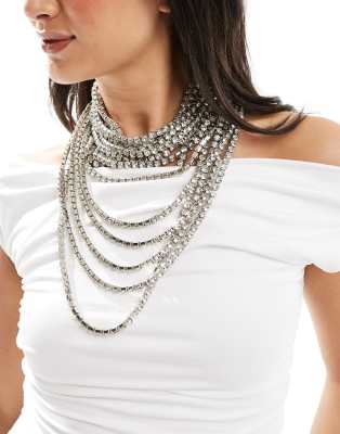 ASOS DESIGN multirow necklace with layered crystal cupchain design in silver tone