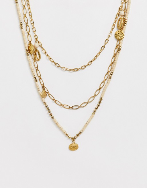 ASOS DESIGN multirow necklace with metal shell and hammered pendants and wooden beads in gold tone