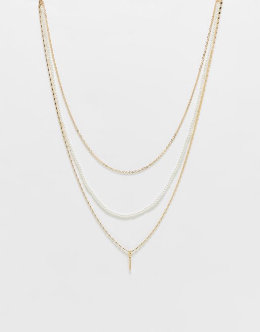 ASOS DESIGN multirow necklace with micro pearl and bar pendant in gold ...