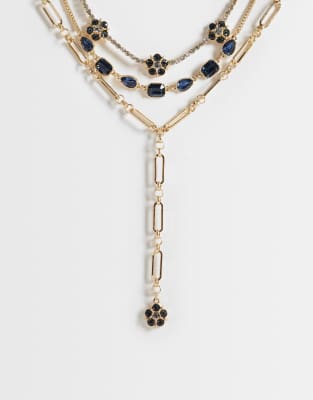 Asos Design Multirow Necklace With Mix Chain Detail And Blue Stone Set In Gold