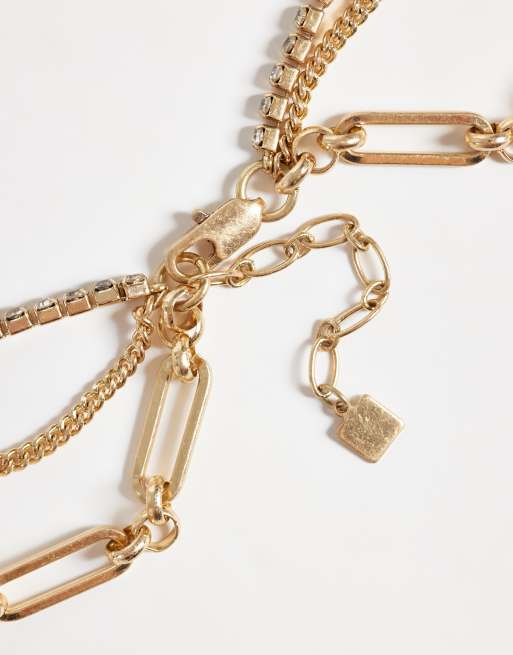 ASOS DESIGN multirow necklace with mix chain detail and blue stone set in gold tone, 3 of 4