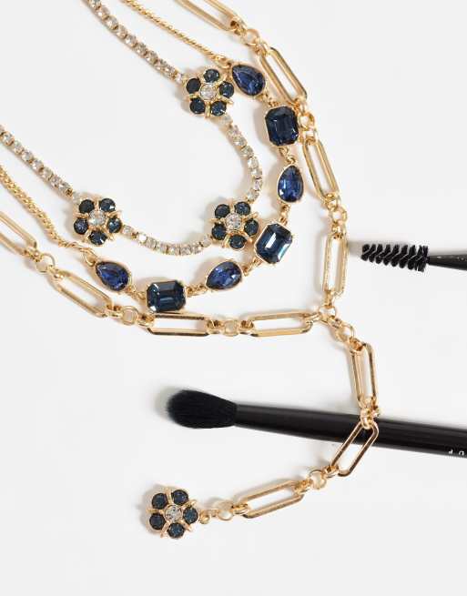 ASOS DESIGN multirow necklace with mix chain detail and blue stone set in gold tone, 4 of 4