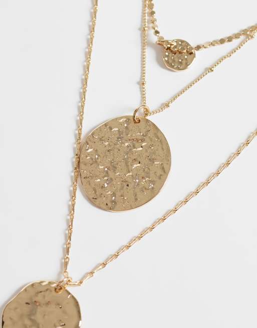 ASOS DESIGN multirow necklace with mixed chain detailing and molten round pendant in gold tone, 2 of 4