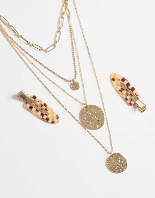 ASOS DESIGN multirow necklace with mixed chain detailing and molten round pendant in gold tone, 3 of 4