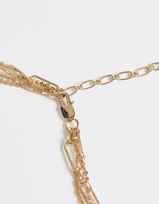 ASOS DESIGN multirow necklace with mixed chain detailing and molten round pendant in gold tone, 4 of 4