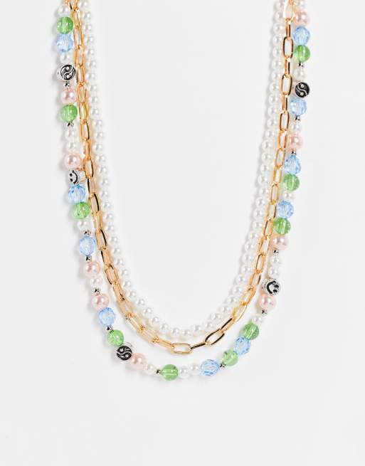 ASOS DESIGN multirow necklace with mixed fun beads and chain in gold tone