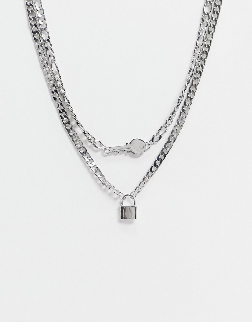 ASOS DESIGN multirow necklace with padlock and key pendants in silver tone