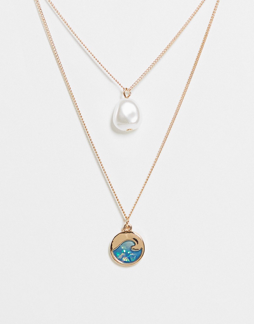 ASOS DESIGN multirow necklace with pearl and opal wave pendant in gold tone