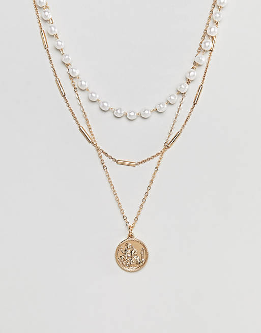 ASOS DESIGN multirow necklace with pearl and vintage style st christopher pendant in gold