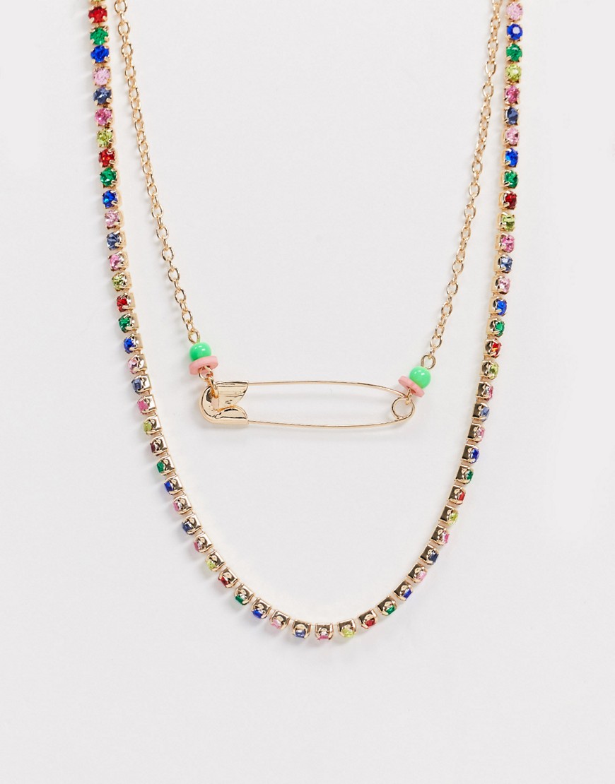 ASOS DESIGN multirow necklace with safety pin and rainbow crystals in gold tone
