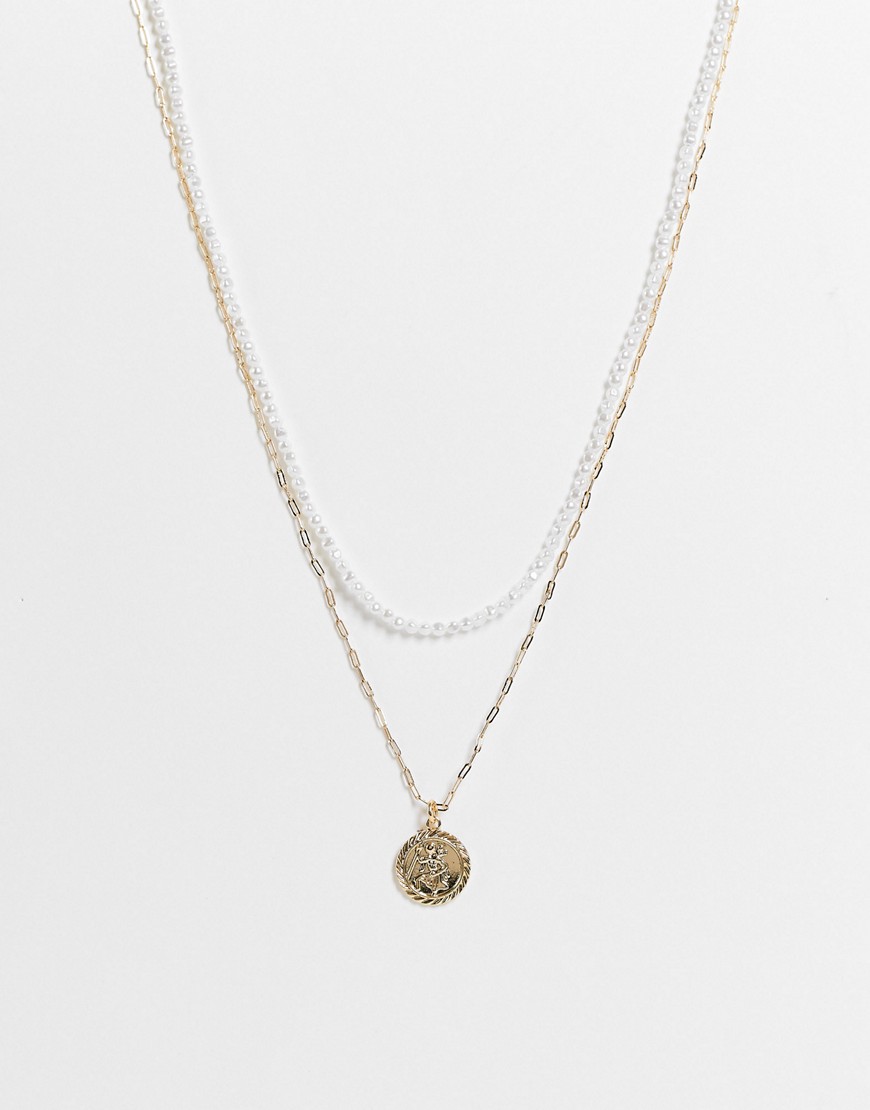 ASOS DESIGN multirow necklace with small faux pearl and coin pendant in gold tone