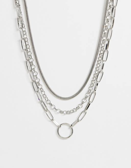 ASOS DESIGN multirow necklace with snake and open link chain in silver tone