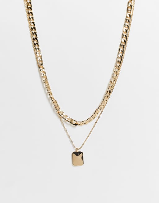 ASOS DESIGN multirow necklace with square pendant in gold tone