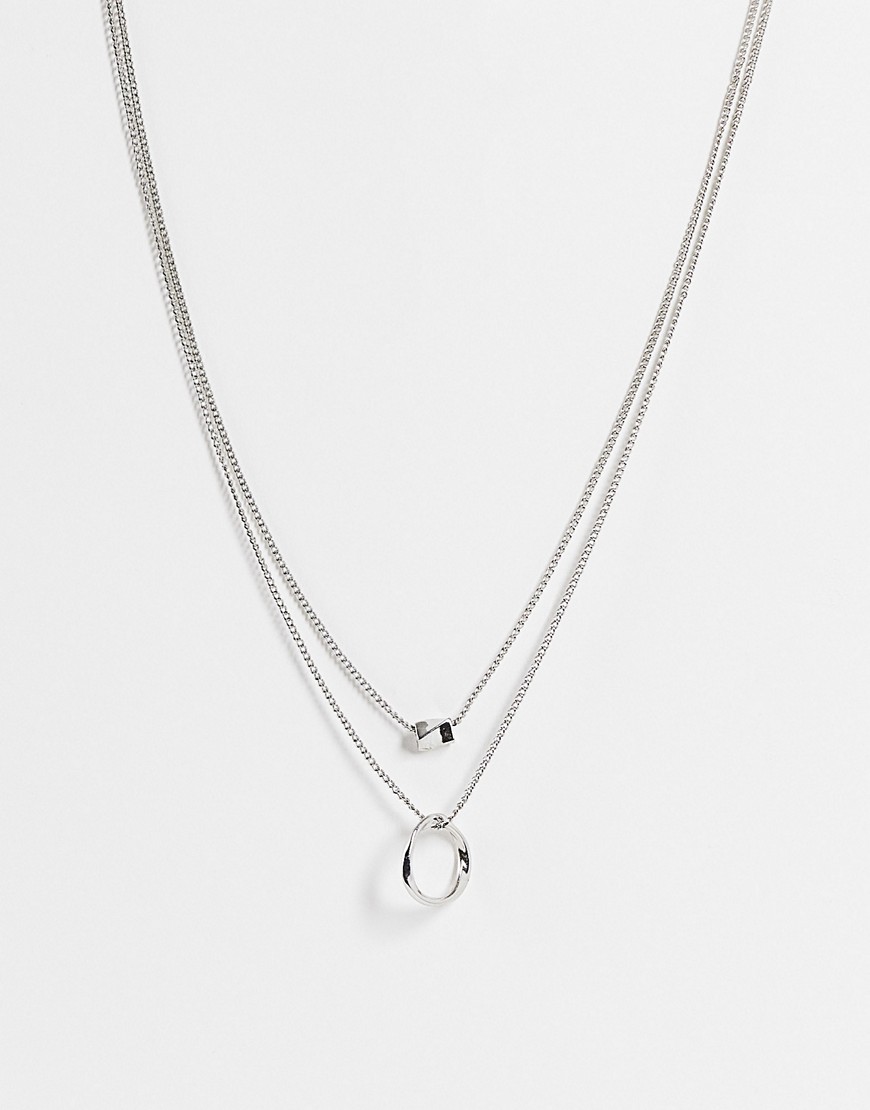 Asos Design Multirow Necklace With Twisted Bead And Hoop Design In Silver Tone