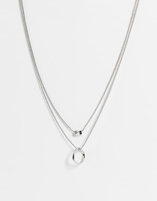 ASOS DESIGN multirow necklace with twisted bead and hoop design in silver tone