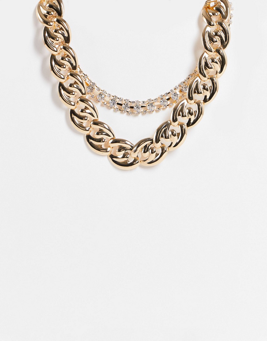 ASOS DESIGN multirow necklace with vintage chain and crystal in gold tone