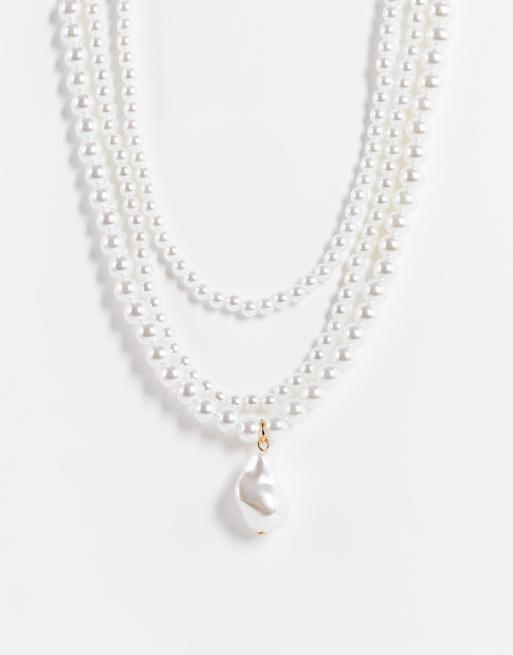 ASOS DESIGN multirow pearl necklace with pearl charm | ASOS