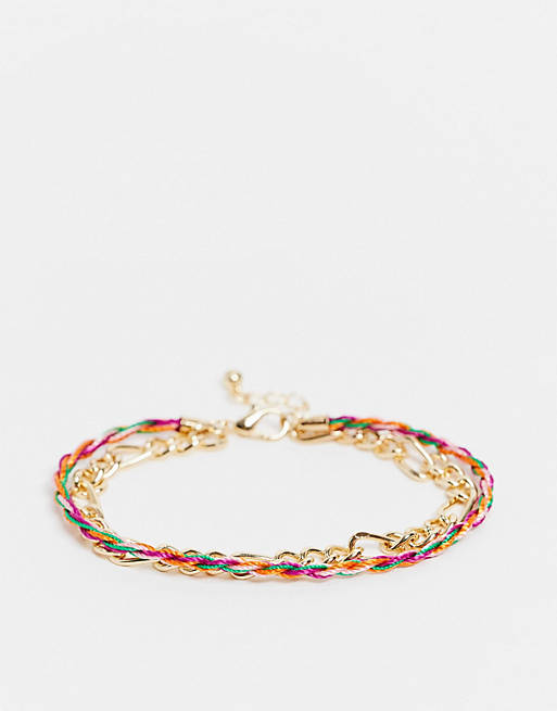 ASOS DESIGN multirow thread and gold chain bracelet