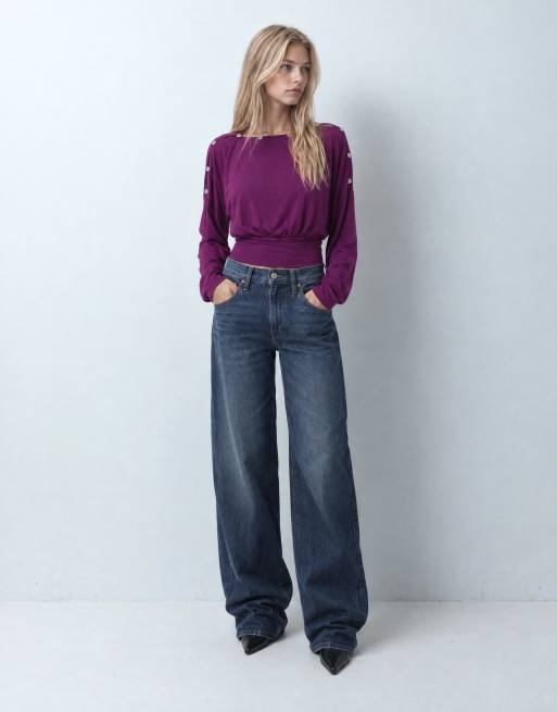ASOS DESIGN multiway button long sleeve top in plum, 5 of 9