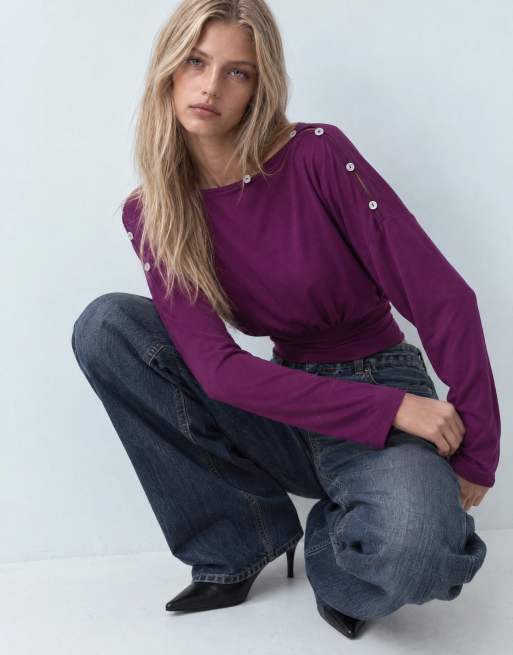 ASOS DESIGN multiway button long sleeve top in plum, 6 of 9