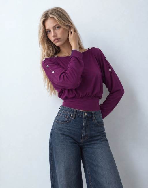 ASOS DESIGN multiway button long sleeve top in plum, 8 of 9