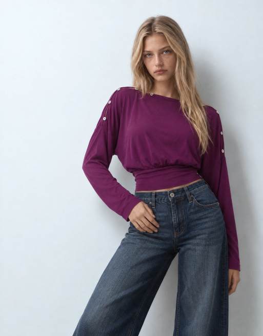 ASOS DESIGN multiway button long sleeve top in plum, 9 of 9