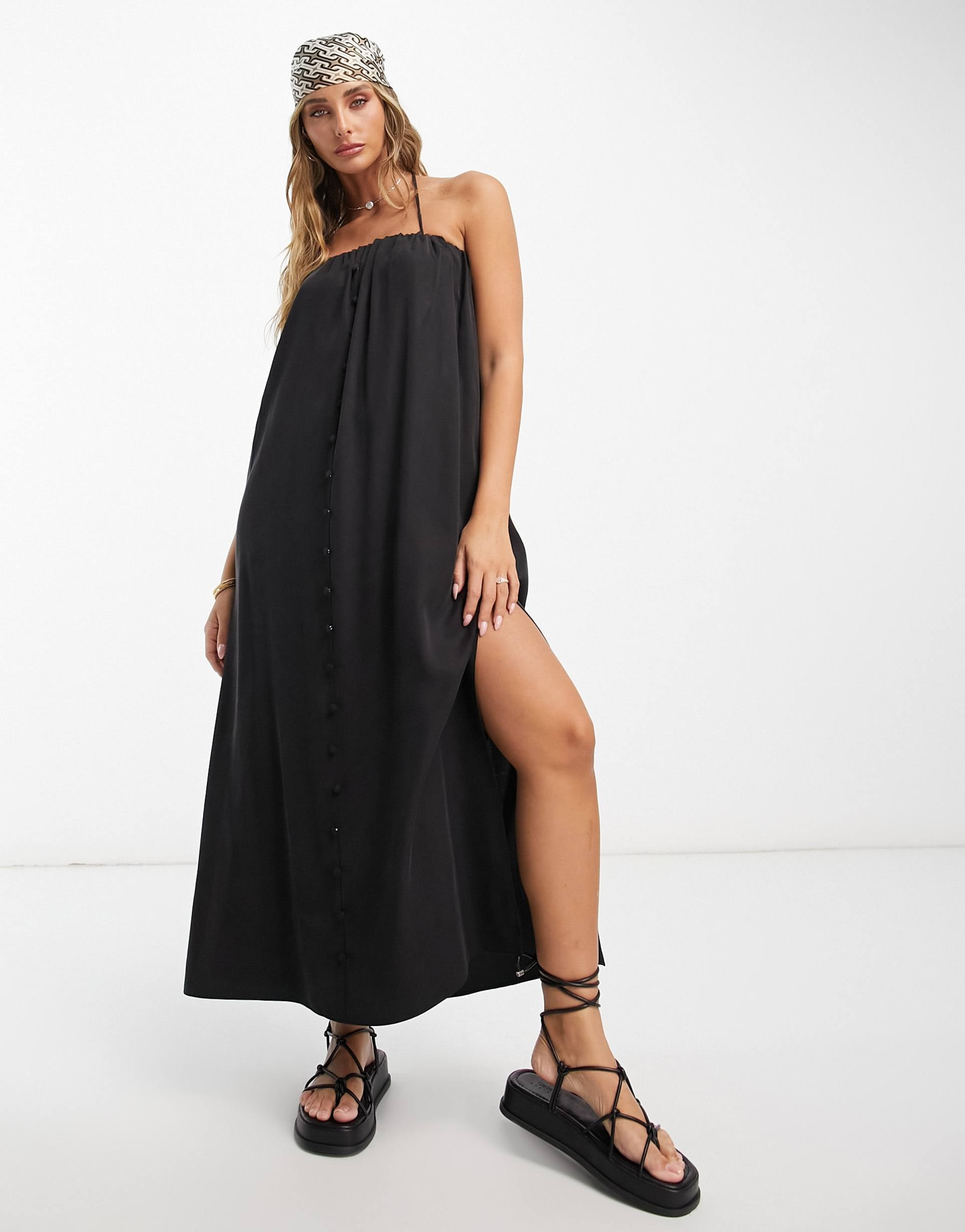 asos design multiway button through midi smock cami sundress in black