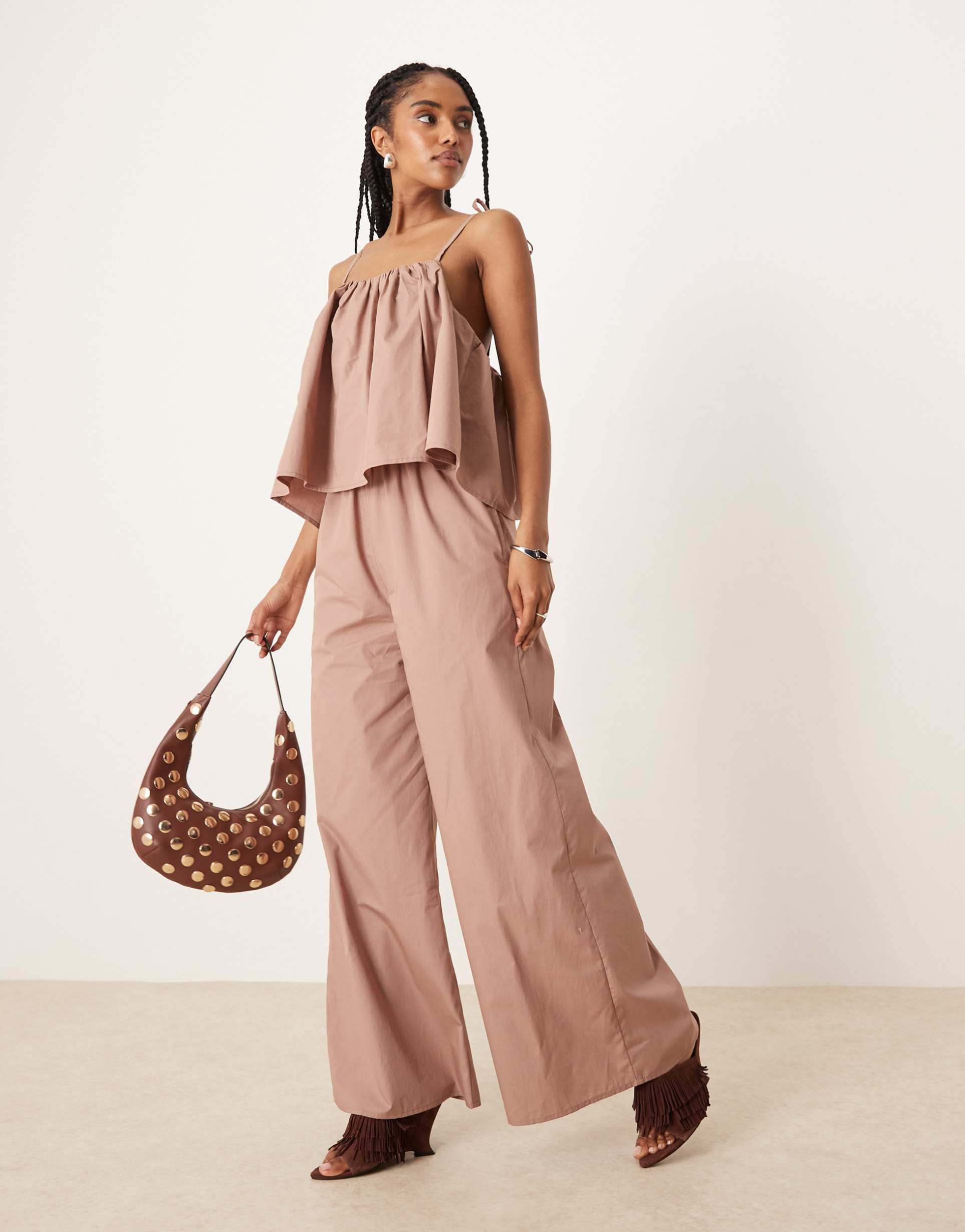 asos design multiway double layer wide leg jumpsuit in taupe