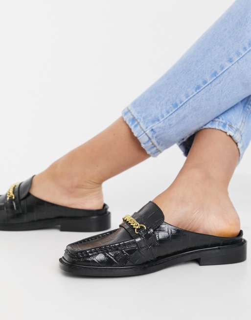 ASOS DESIGN – Munro – Svarta mules i läder med krokodilskinnsmönster