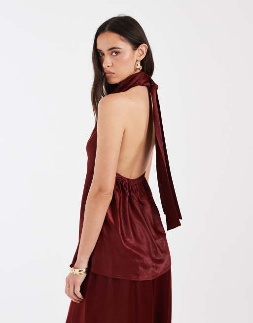 ASOS DESIGN - Murstensrød skræddersyet top i blødt satin med halterneck, 3 af 4