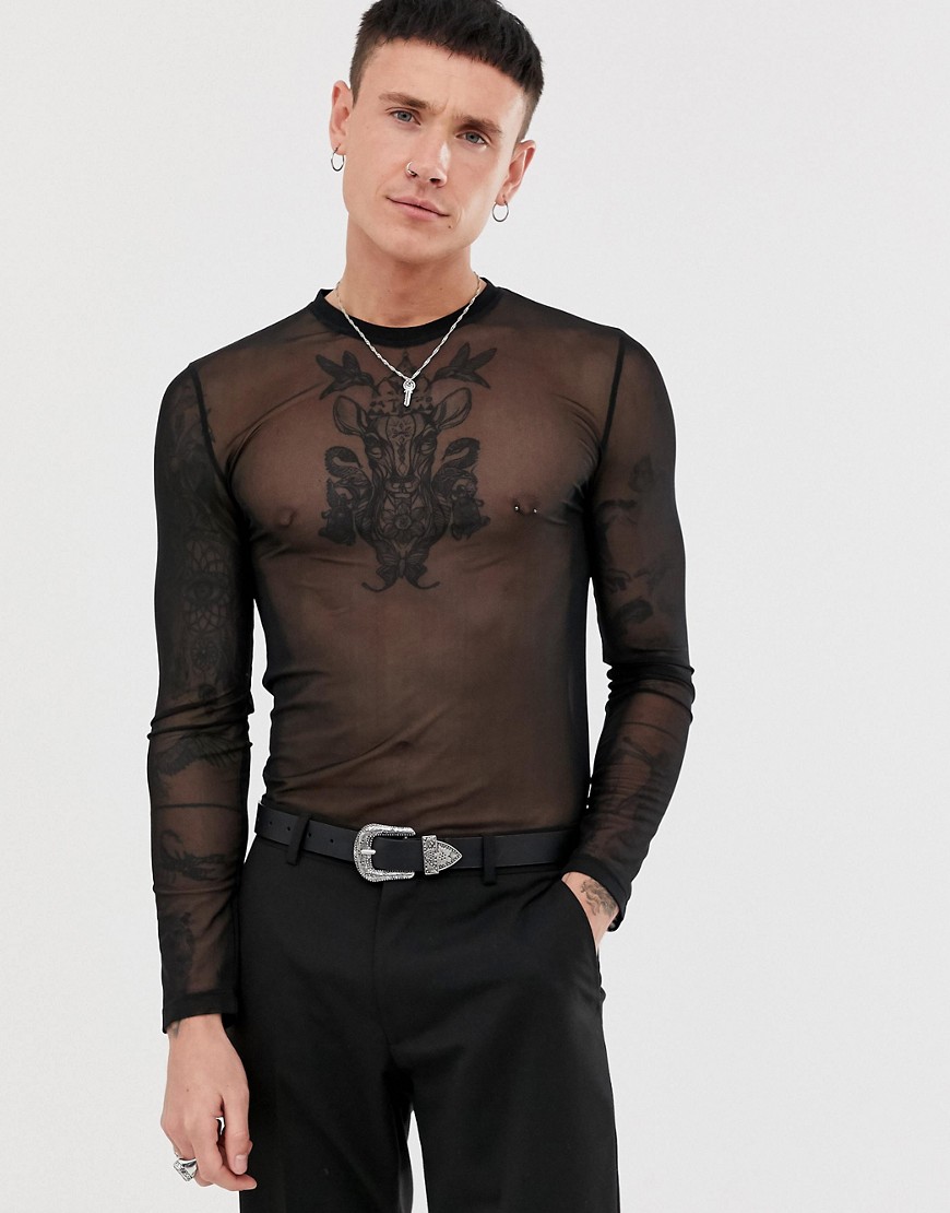 ASOS DESIGN – Muscle-bodysuit i mesh med lång ärm och stretch-Svart