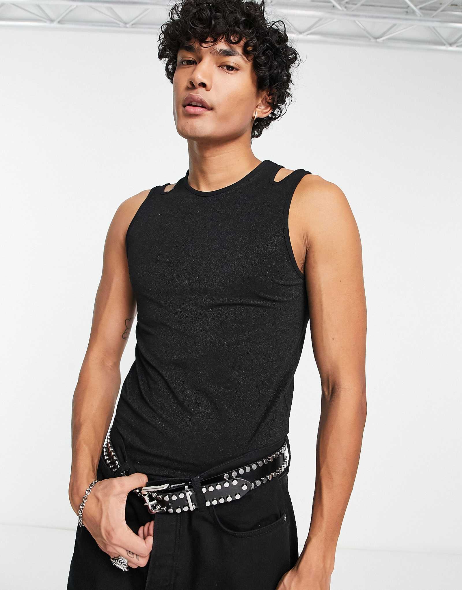 Боди ASOS DESIGN muscle из черной металлизированной ткани с вырезами