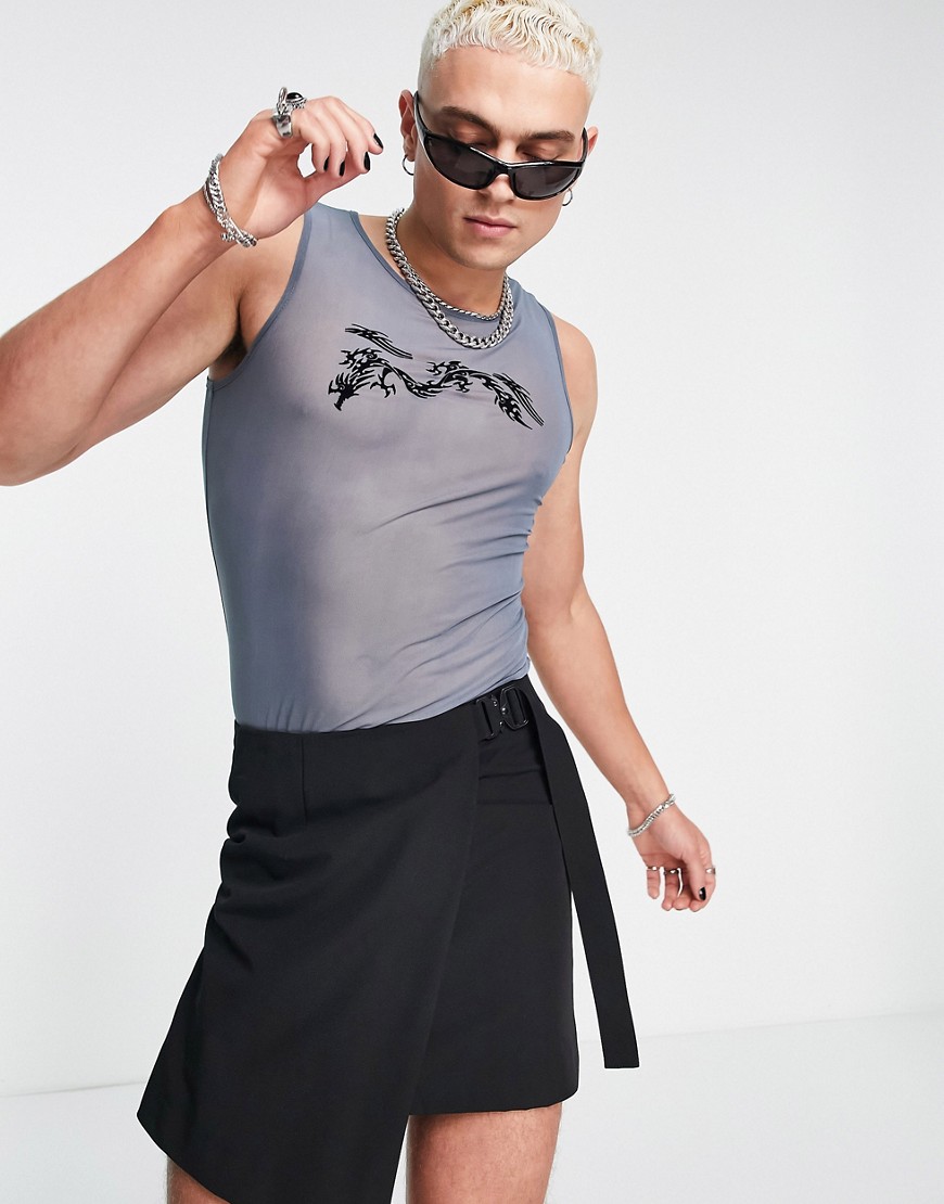 ASOS DESIGN muscle bodysuit in grey mesh with black burnout - GREY