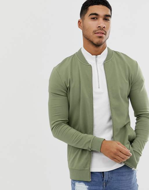 ASOS DESIGN muscle bomber jersey jacket in khaki | ASOS