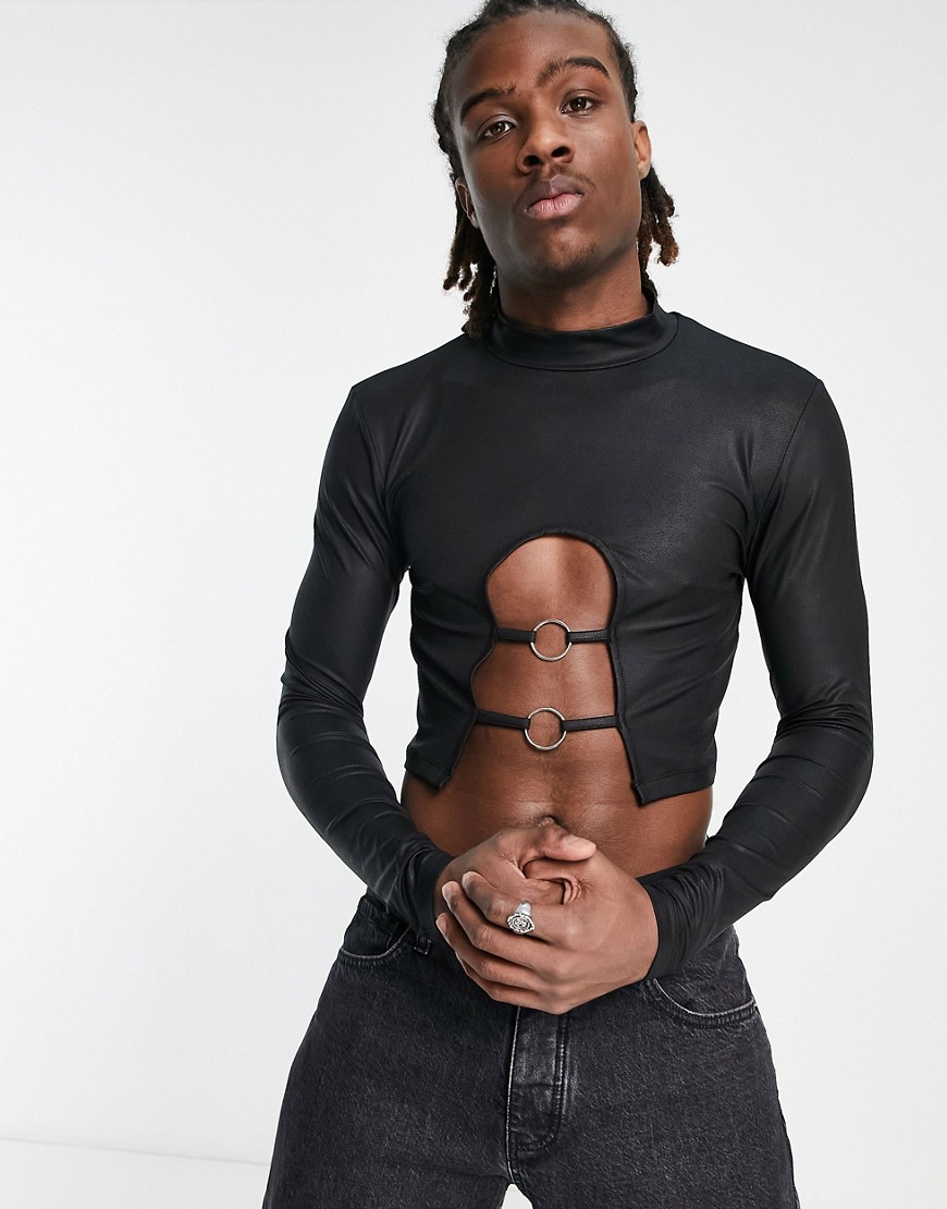ASOS DESIGN muscle crop long sleeve T-shirt in black coated fabric with turtle neck and buckle detail