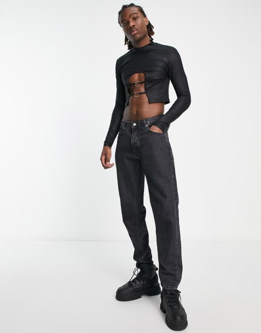 ASOS DESIGN muscle crop long sleeve t-shirt in black faux leather