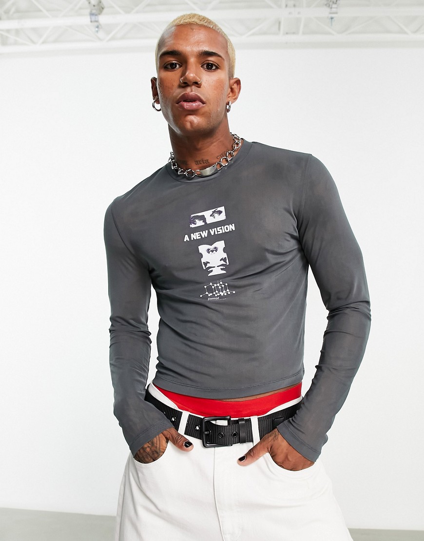 ASOS DESIGN muscle crop long sleeve T-shirt in gray printed mesh-Black