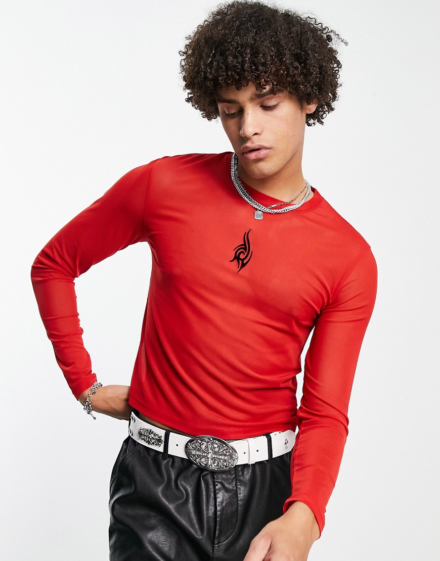 ASOS DESIGN muscle crop long sleeve t-shirt in red with black burnout print