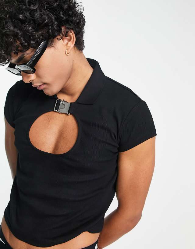 ASOS DESIGN - muscle crop polo in black with cut out buckle detail