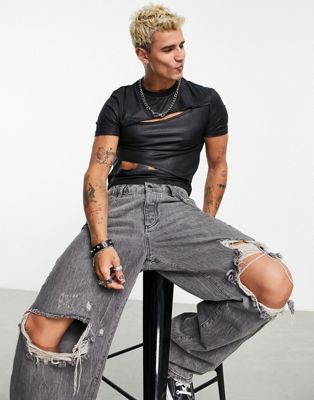 ASOS DESIGN muscle crop t-shirt in black faux leather with front cut outs