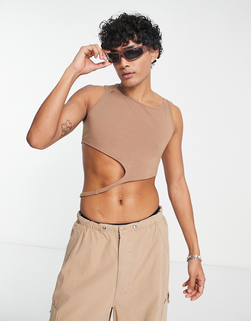 ASOS DESIGN muscle crop vest in brown with strap detail