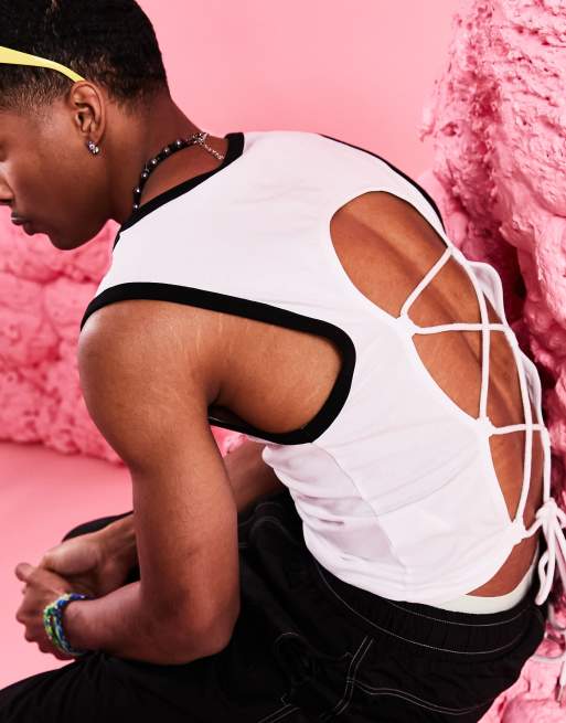 ASOS DESIGN muscle crop vest with cut out tie back in white, 3 of 4