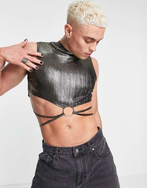 ASOS DESIGN muscle cropped singlet in metallic texture with wrap around ties