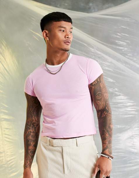 ASOS DESIGN muscle  cropped t-shirt in pink with white contrast ringer   - view 1