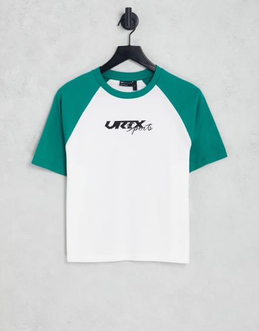 ASOS DESIGN muscle cropped t-shirt in white and green colour block with text print
