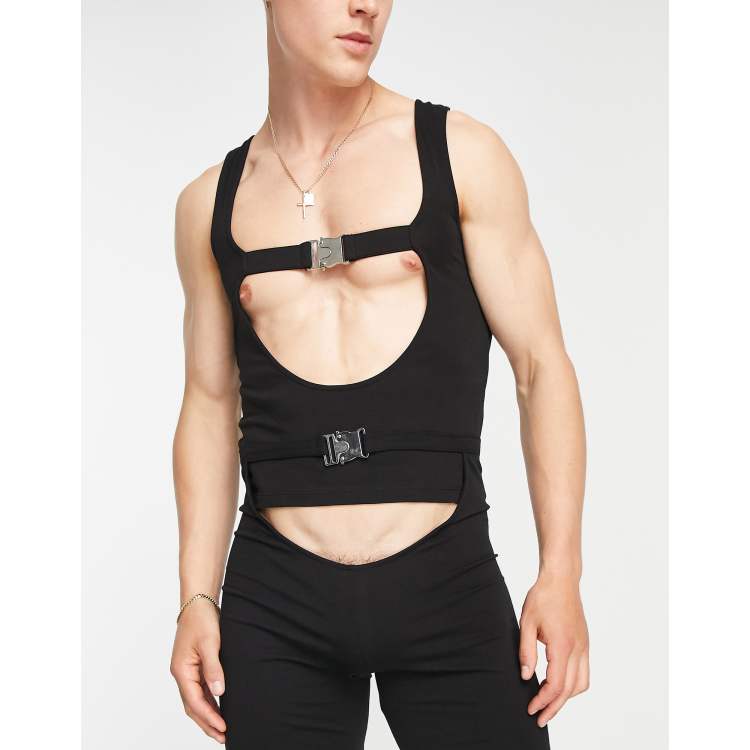 ASOS DESIGN muscle cut out singlet with buckle in black (part of a set)