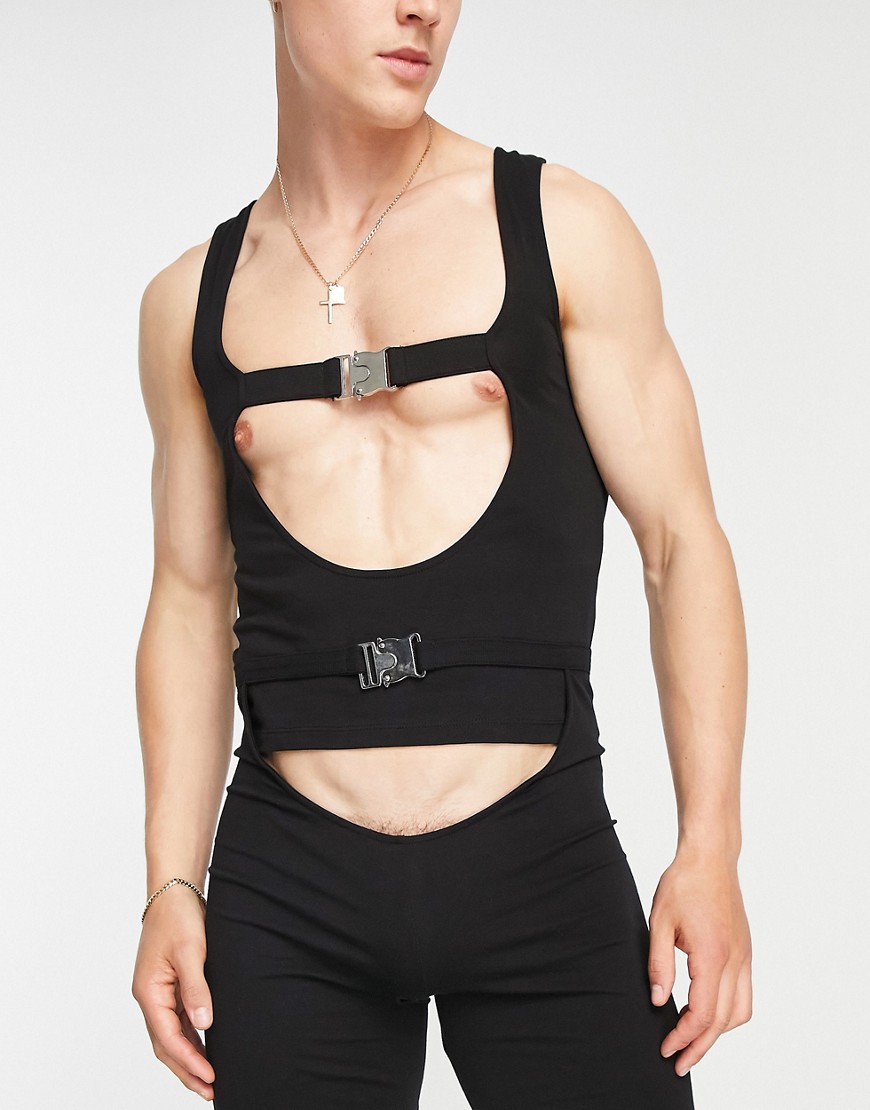 ASOS DESIGN muscle cut out tank top with buckle in black - part of a set