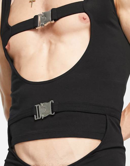 ASOS DESIGN party chest harness in black sequin with silver buckle