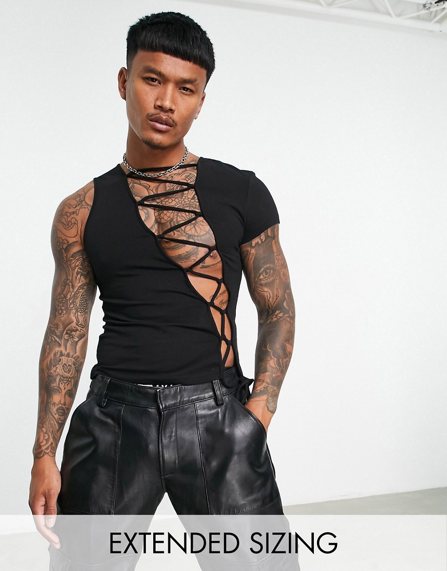 ASOS DESIGN muscle fit asymmetrical T-shirt with lacing in black