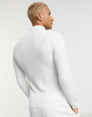 Asos Design Muscle Fit Basket Stitch Roll Neck Sweater In White Asos